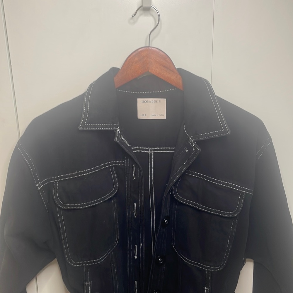 ASOS Denim Black Jacket with Tie Detail and White Stitching